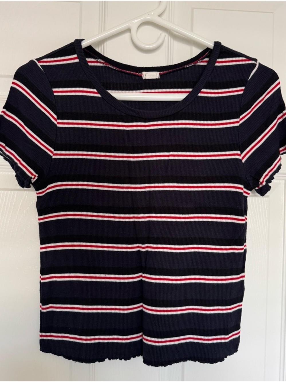 Garage Navy Striped Short Sleeve Ribbed Tee with Red & White Accents